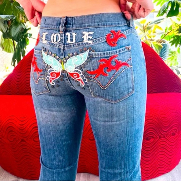 Younique Denim - Vintage Y2K Younique Jeans with Butterfly Embroidery and Studs Details